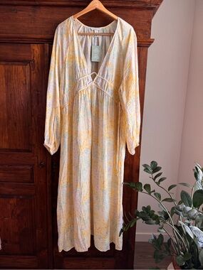 H&M Floral Empire Waist Maxi Dress Deep V-Neck Puff Long Sleeves